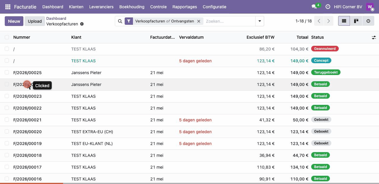 Factuur F/2026/00024 → tab Boekingsregels toont debet/credit