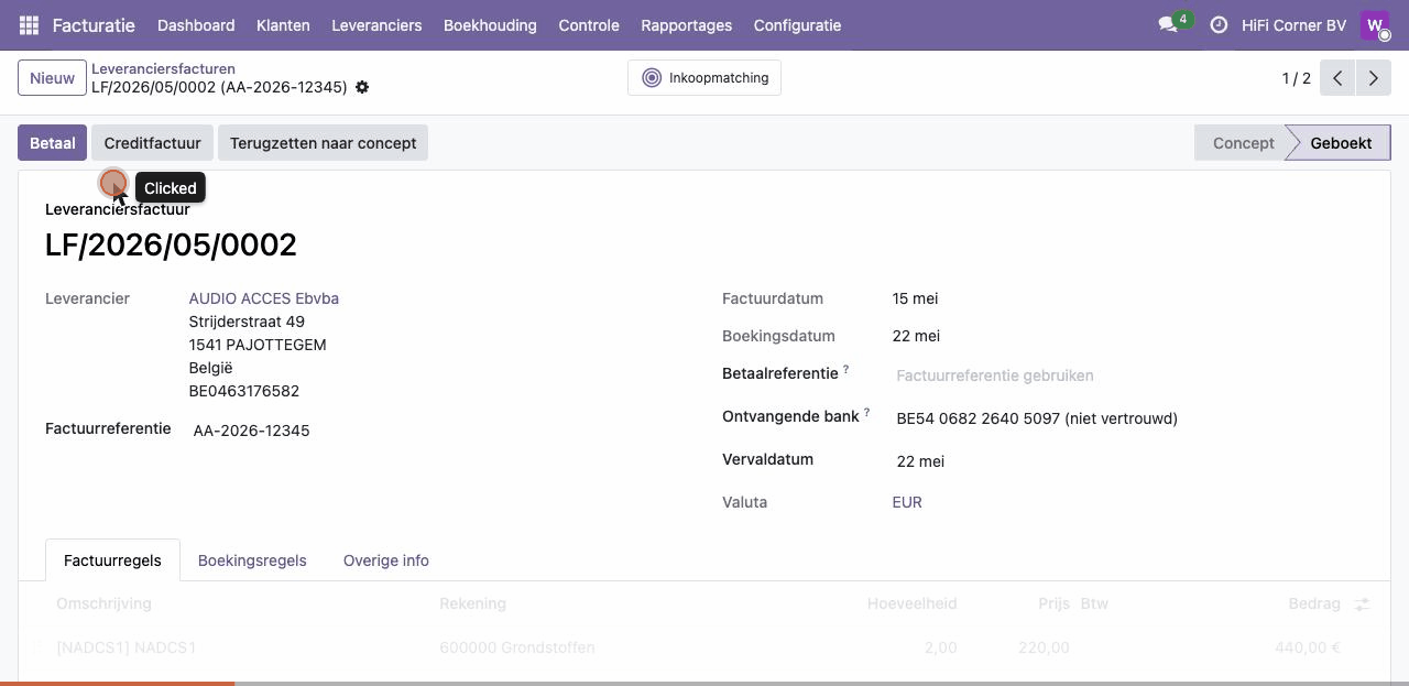 Leveranciersfactuur LF/2026/05/0002 → tab Boekingsregels