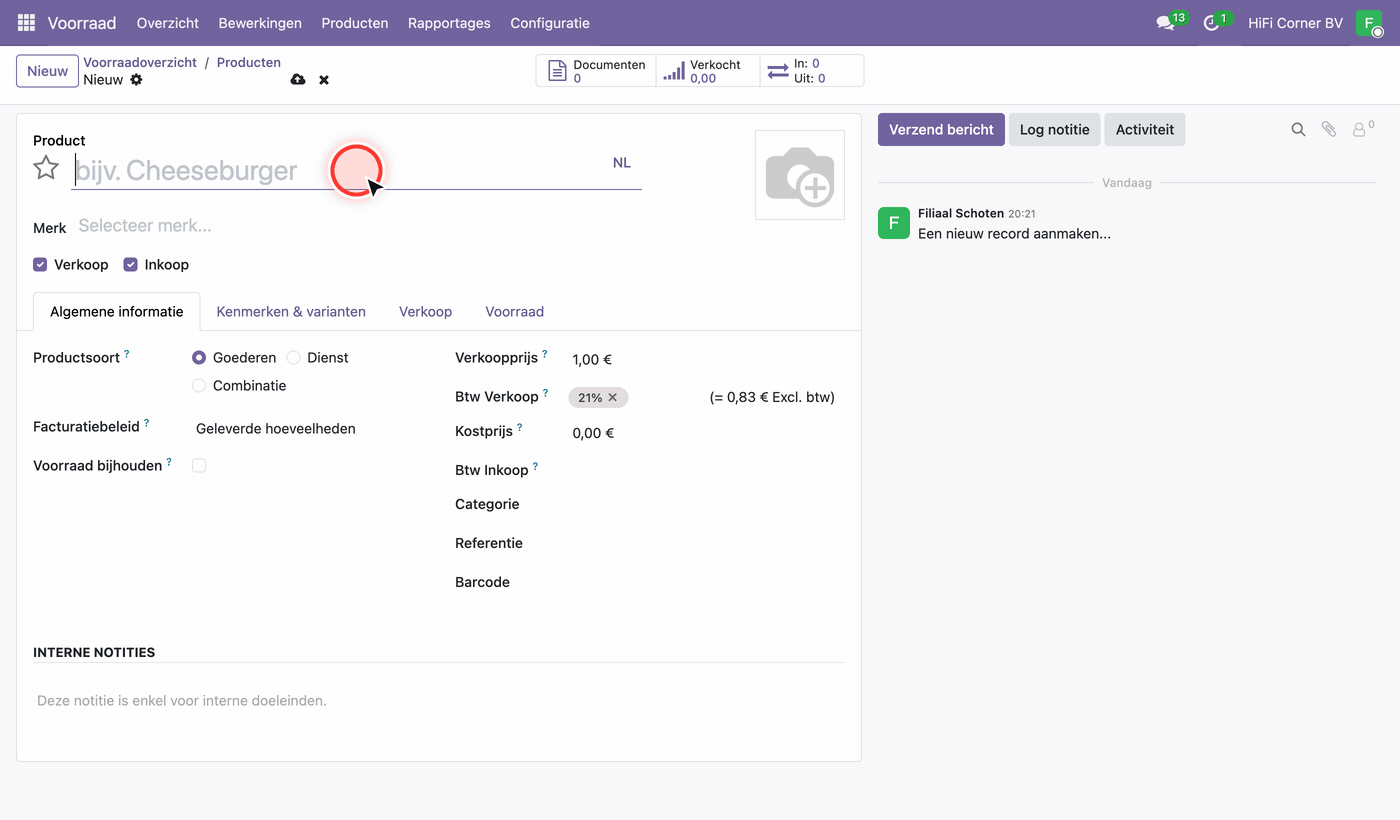 Nieuw product aanmaken: naam, merk via dropdown, Voorraad bijhouden aan, categorie Tweedehands