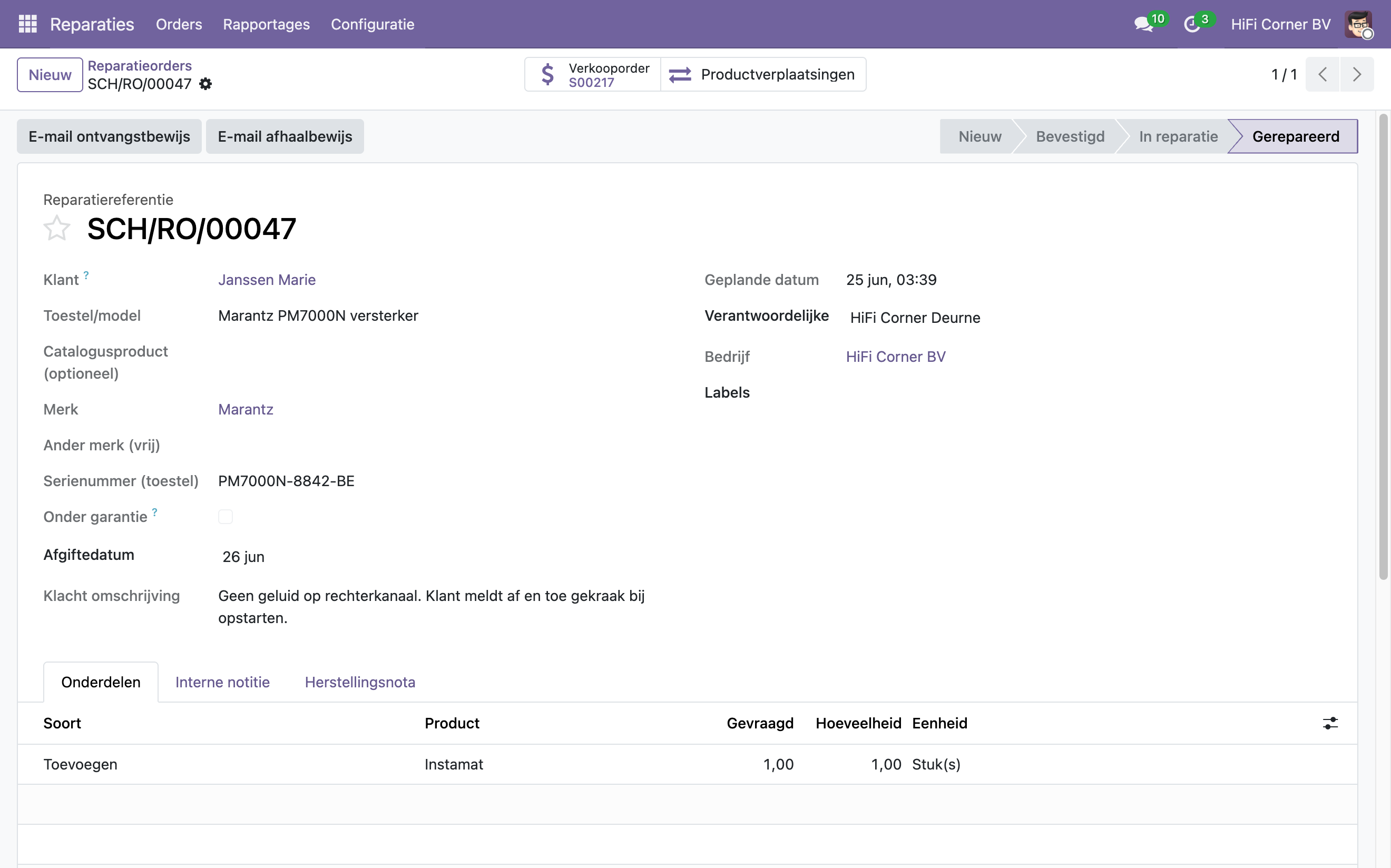 H8 — de e-mailknoppen bovenaan de reparatie