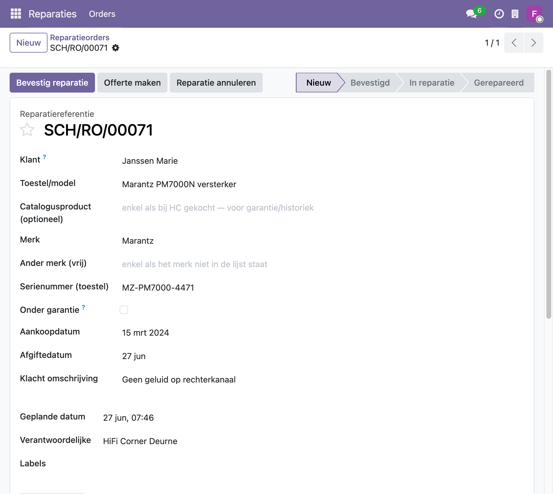Stap 1 — intake met Toestel/model, Merk en Serienummer